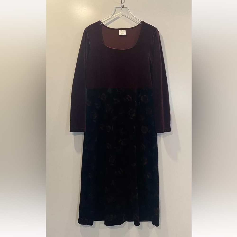 Vintage Style Studio Velour Long Sleeve Burgundy Floral Maxi Dress Large (1150)‎